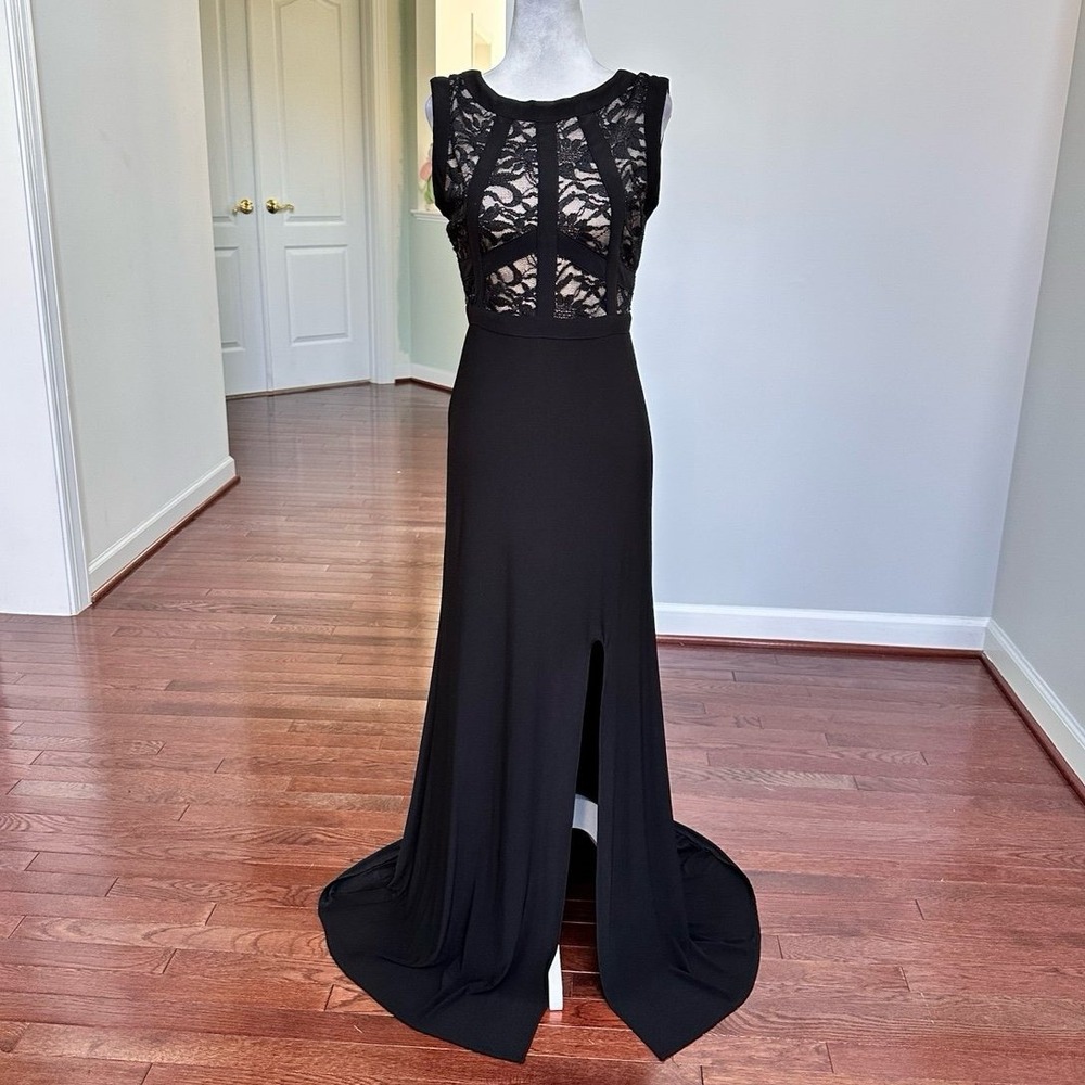 Morgan & Co Black Lace High Scoop Neck Open Sexy Back Gown Dress Size 3/4
